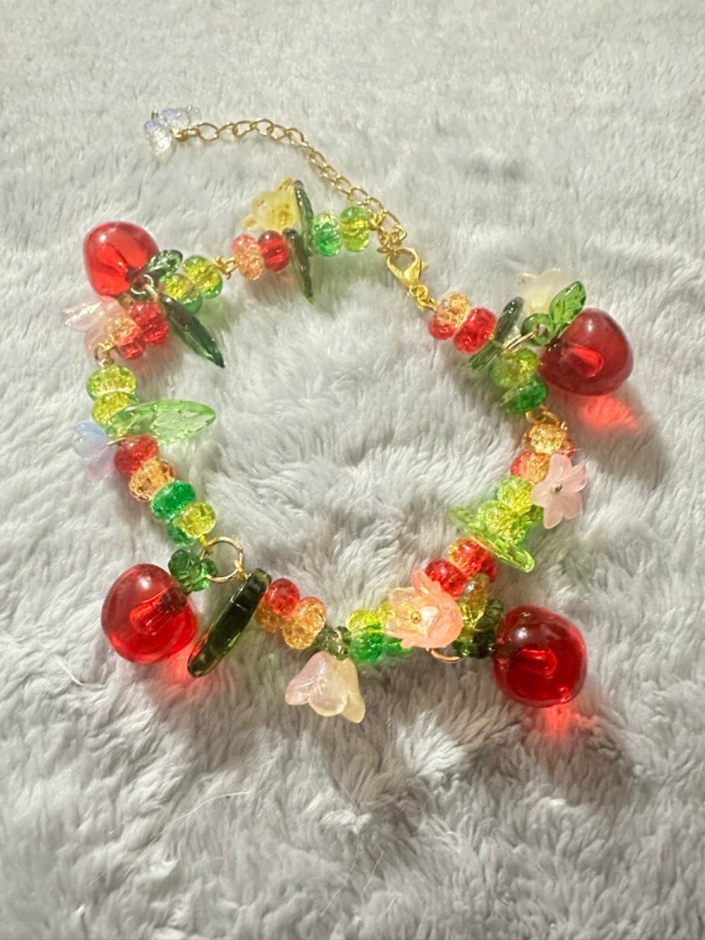 Handmade Apple & Flower Beaded Bracelet — Red, Green, Yellow